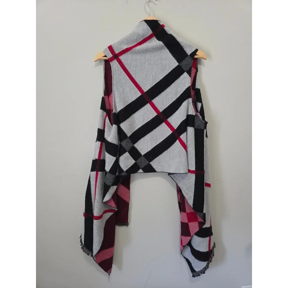 Tres Luxe Womens Plaid Open Front Sleeveless Vest Wrap Grey Red One Size